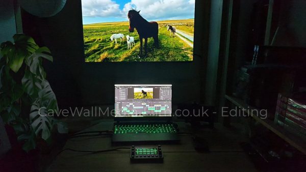 edit studio with computer edit software working on image of horses on moorland